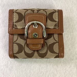 Coach Tan and Brown Signature Canvas Buckle Wallet